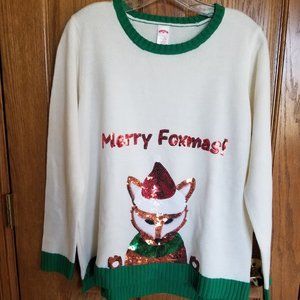 Sequined Christmas Holiday Merry Foxmas Sweater